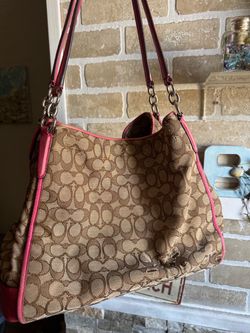 Coach Signature Canvas Shoulder Bag Pink Trim