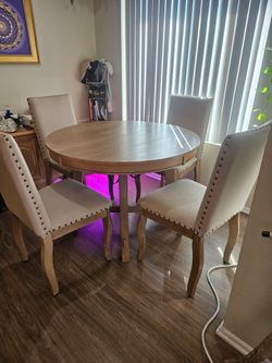 Round Light Wood Dining Table Set w/ 4 Beige Fabric Upholstered Chairs