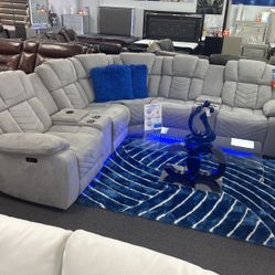 Living Room Furniture Special🚨Stunning Light Grey Power Reclining Sofa Sectional With LED Lighting &Wireless Phone Charger✅