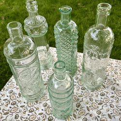 Set Of 5 Vintage Green Glass Bottles-Various Sizes
