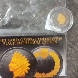 1902 Indian Head Penny Layered In Black Ruthium And 24kt Gold 