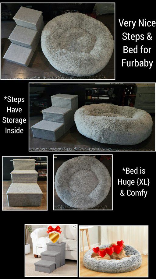 XL Calming Pet Bed W/Bolstered Sides & 3 Step Pet Stairs W/Storage,  Both Grey, In Excellent Condition 