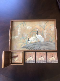 Wood/lacquer Serving Tray & Wood Coaster Box