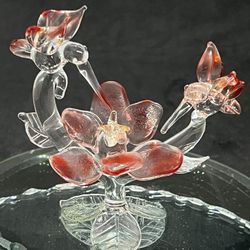 Hummingbird’s on Flowers Hand Blown Glass Miniature Figurine Approx 4” Tall