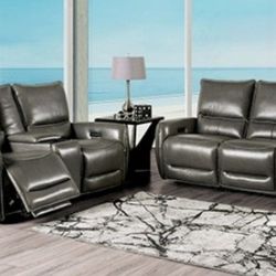 Brand New Grey Top Grain Leather Power Reclining Sofa & Loveseat 