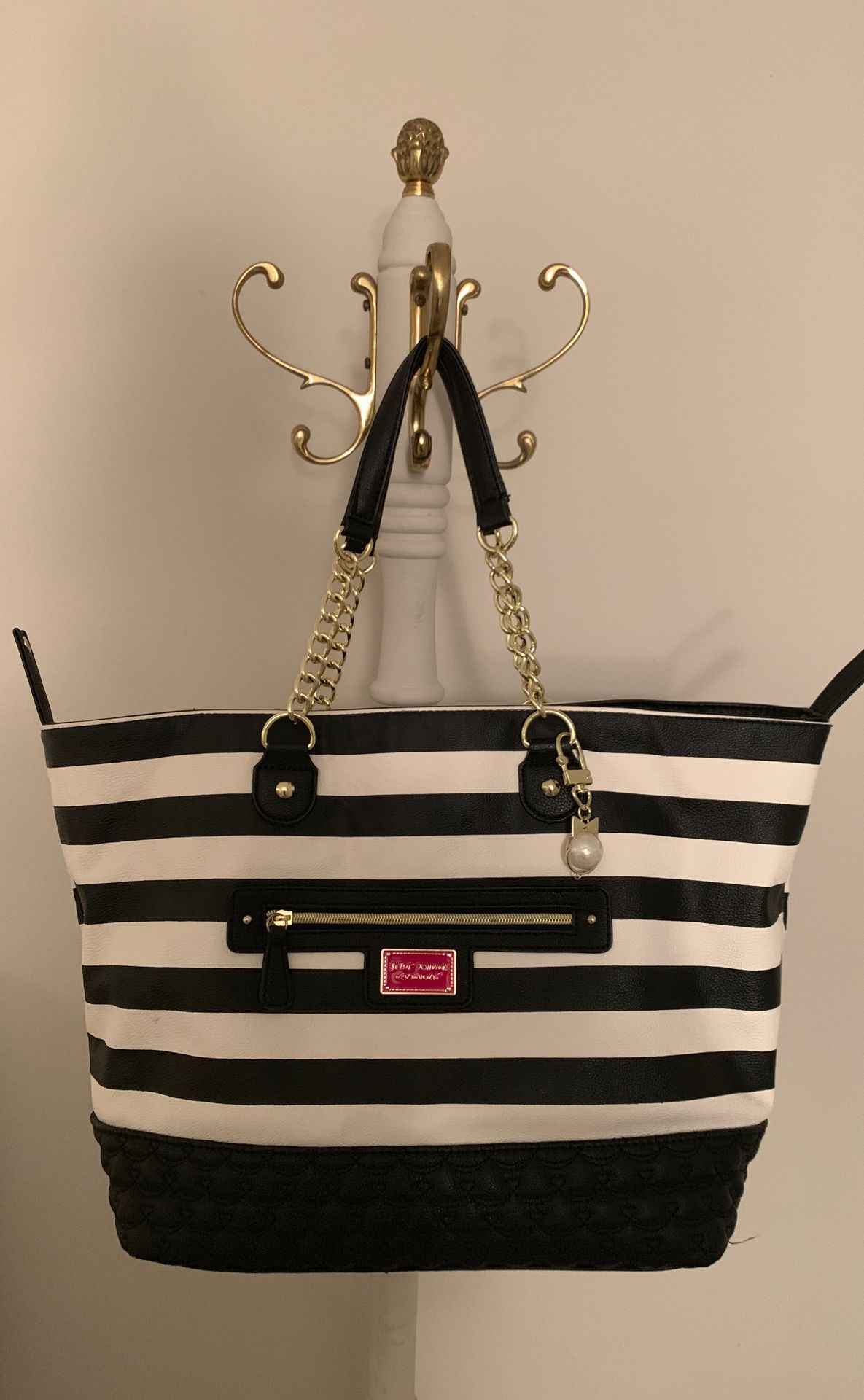 Betsey Johnson Overnight Bag - Black and White Striped Purse