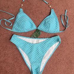 New large blue pearl aqua bikini triangle swimsuit bathing suit festival boho