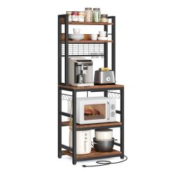 Bakers Rack with Power Outlet, 23.6 Inches Microwave Stand Kitchen Storage Shelf, Metal Wire Panel, 23.6 x 15.7 x 66.9 Inches, Rustic Brown and Black,