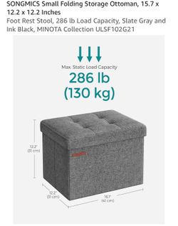 SONGMICS Small Folding Storage Ottoman, 15.7 x 12.2 x 12.2 Inches Foot Rest Stool, 286 lb Load Capacity, Slate Gray and Ink Black, MINOTA Collection U