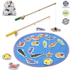 Magnetic Wooden Fishing Pole Game for Kids, Educational Go Fish Gaming Gift Toy with 20 Ocean Animals and 2 Rods for Toddler Boys Girls Age 3+