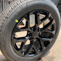 Black 22” Chevy Snowflake Rims and Bridgestone Tires 22 GMC Wheels Silverado Sierra Tahoe Yukon Rines Negros Con Llantas Nuevas OEM stock factory Orig