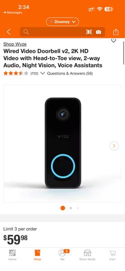 Wyze Wired Video Doorbell v2, 2K HD Video with Head-to-Toe view, 2-way Audio, Night Vision, Voice Assistants