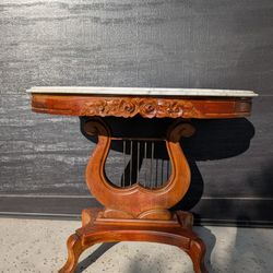 Antique Vintage Mahogany End Table With Italian Marble Top Harp Rose Design
