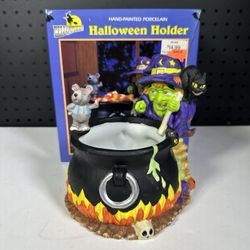 Vintage 1996 Halloween Witch Cauldron Holder Hand Painted Porcelain Mouse Cat