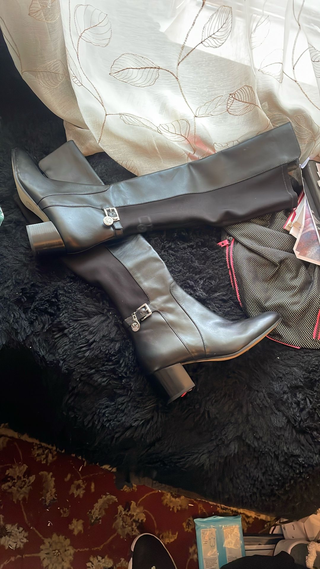 New Women Michael Kors Black Leather Carson Riding Boots Size 7 1/2