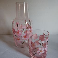 Bedside Nightstand Water Carafe with Matching Glass Tumbler 14 oz.  Cherry Blossoms