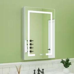 24 in. W x 36 in. H Rectangular Silver Aluminum Recessed/Surface Mount Left Medicine Cabinet with Mirror, LED and Clock