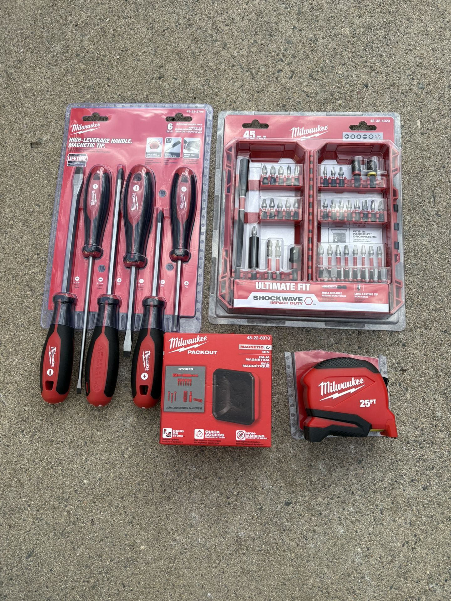 Milwaukee 45PC Shockwave Impact Bit Set- 6PC High Leverage Magnetic TipScrew Driver Set 25 Ft Tape Measure- Magnetic Packout Tray