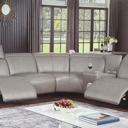 Gray COSTCO Genuine  Top Grain Leather Power Electric Sectional Couch 