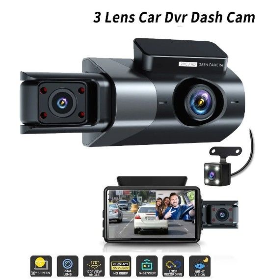 3 Chennal Dash Cam With 32 SD Card, Night Vision , Wifi,Loop Recording