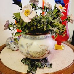 Antique Victorian Lamp turned Into Planter with Porcelain Flowers GORGEOUS 