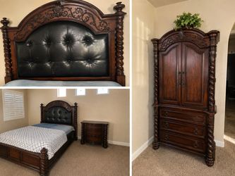 Traditional Dark Wood Bedroom Set (Bed + Armoire + Nightstand
