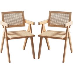 Rattan Chair Set of 2 Rattan Mesh Upholstered Dining Chair Mid-Century Armchair Rattan Chair for Dining Room Kitchen Yellow