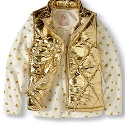 XL Girls Foil Puffer Vest and Long Sleeve Tee with Printed Metallic Ink Stars, Knit & Woven 2pc Set