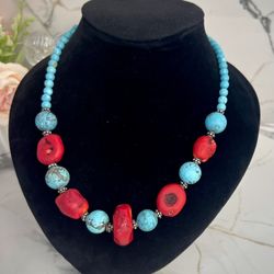 Mother's Day Gift Bohemian Vintage Red Coral & Turquoise Beaded Necklace - Statement Jewelry