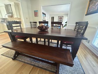 Rustic Farmhouse Dining Table Set with 6 Chairs and Bench