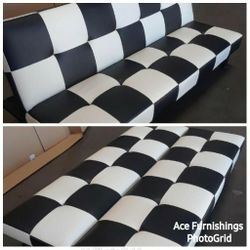 Brand New Checkered Leather Tufted Futon 