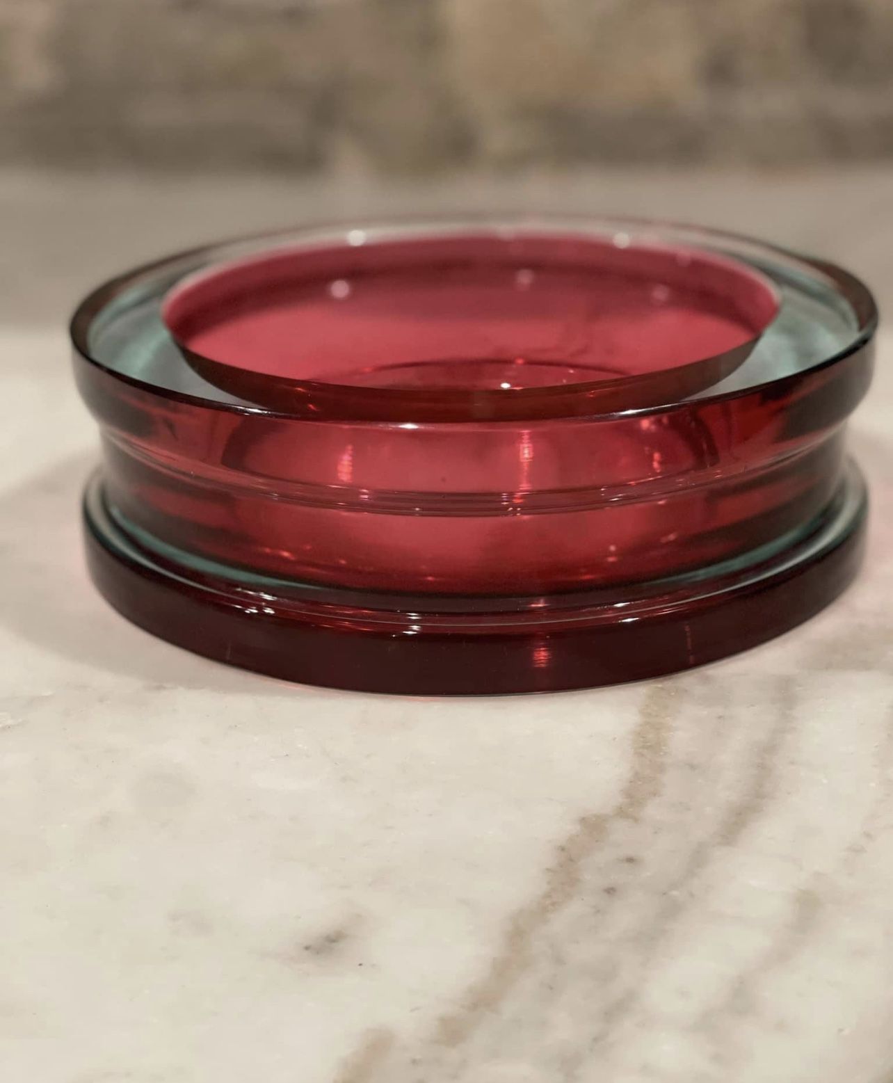 Mid Century Murano Style Cranberry Red and Blue Glass Ashtray, Trinket Bowl