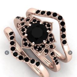 3pes Set Pretty Women 925 Starling Silver With 18 K Rose Gold Plated Natural Black Sapphire Ring Set Wadding Engagement anniversary gift Ring Size7