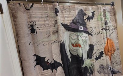 Halloween Shower Curtain with Witch and Spooky Print