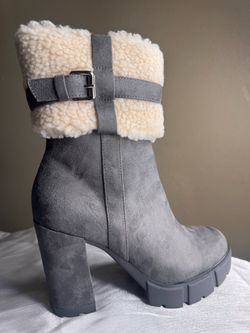 Size 8.5 Gray Suede Heeled Boots with Sherpa Cuff