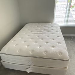 queen bed with bed frame, mattress, box springs, and headboard 