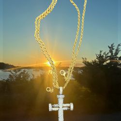 Cross Dagger Curved Point Diamond Pendant Gold Link 
