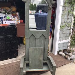 Antique Gothic  Hall Tree W Mirror N Bench