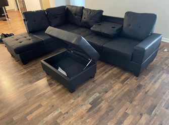💥 Brand New Premium Leather L-Shape Sectional Sofa Couch W/ Chaise & Cup Holders | Black, Brown & White | Opt Storage Ottoman | Pickup/Delivery 🚚