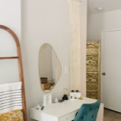 White Desk, 3 Drawers w/ Gold Knobs, Wooden Legs