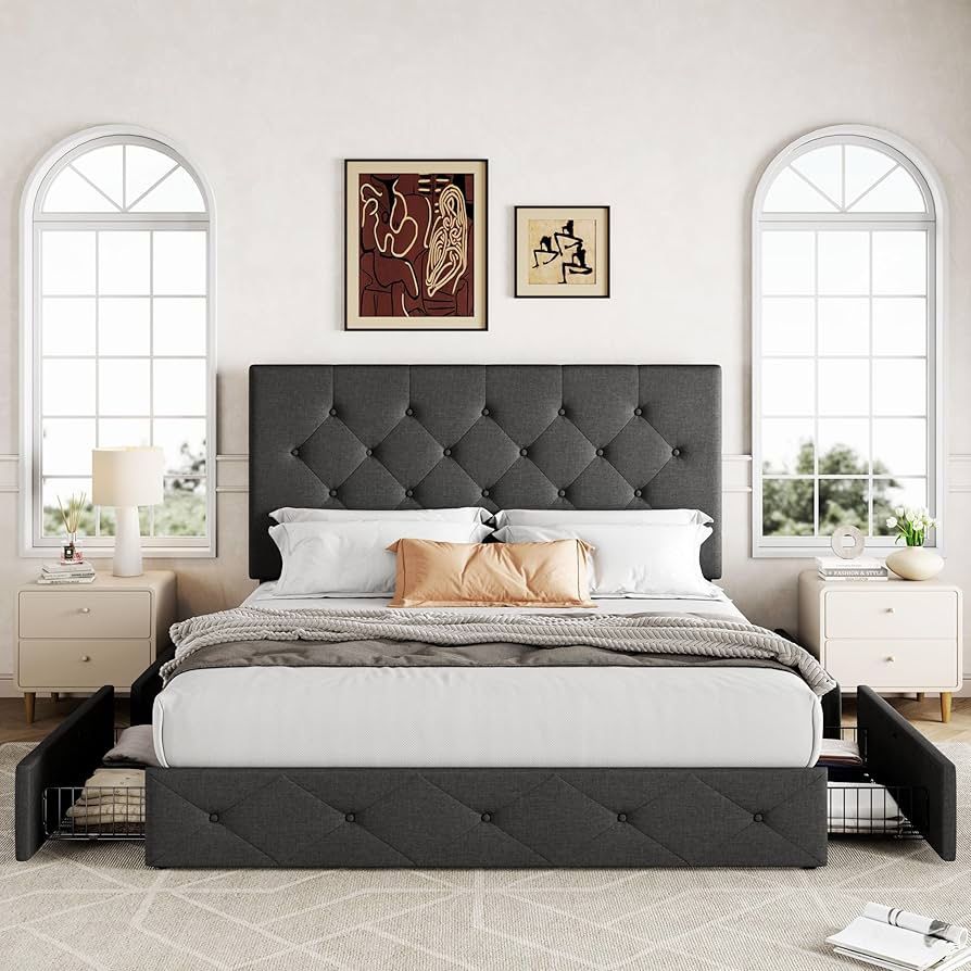 Full Size Platform Bed Frame with 4 Storage Drawers and Headboard, Diamond Stitched Button Tufted, Mattress Foundation with Wooden Slats Support, No B