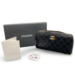 Chanel Lamb skin Long Zipped Wallet Black W CC Logo