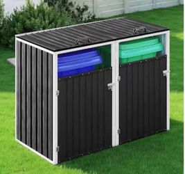 New in Box Outdoor Metal Trash Can Storage Shed for 2 Bins Dark Gray
