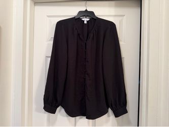 Black Nine West brand button-front tunic with long balloon sleeves