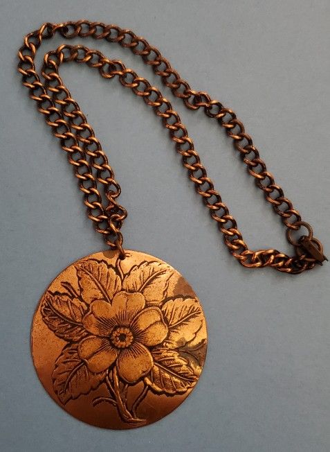 Vintage Solid Copper , Etched Flower Necklace.