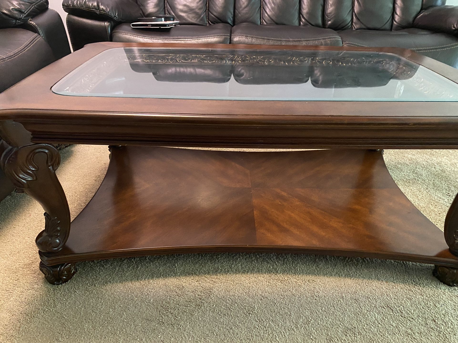Raymour And Flanigan Solidwood Center/Coffee Table With Glasstop for