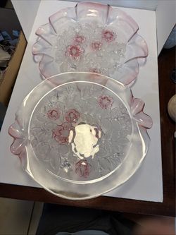 Vintage Mikasa Rosella Pink Frosted Cake Stand & Platter Set 2pc