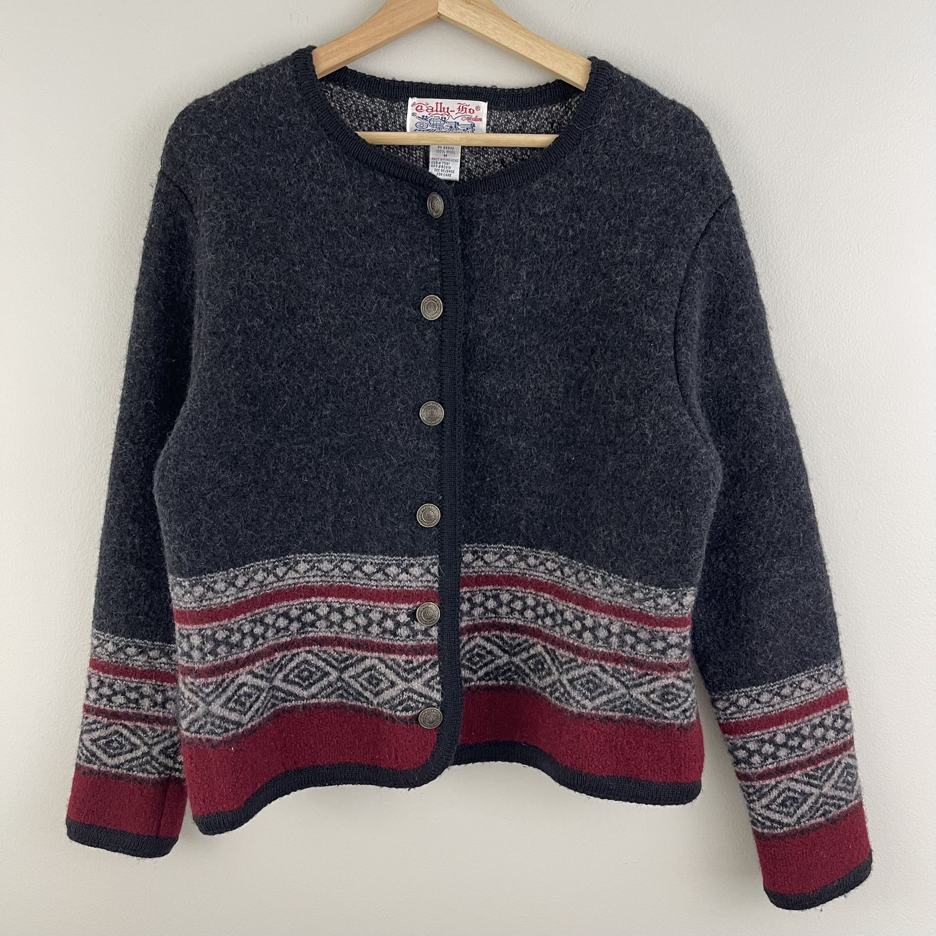 TALLY-HO Vintage 90’s Grey Red 100% Wool Button Up Long Sleeve Cardigan Sweater