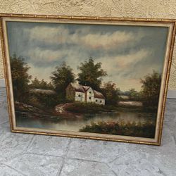 Vintage G. Closson English Cottage Canvas Framed Painting, 51” X40”, $55