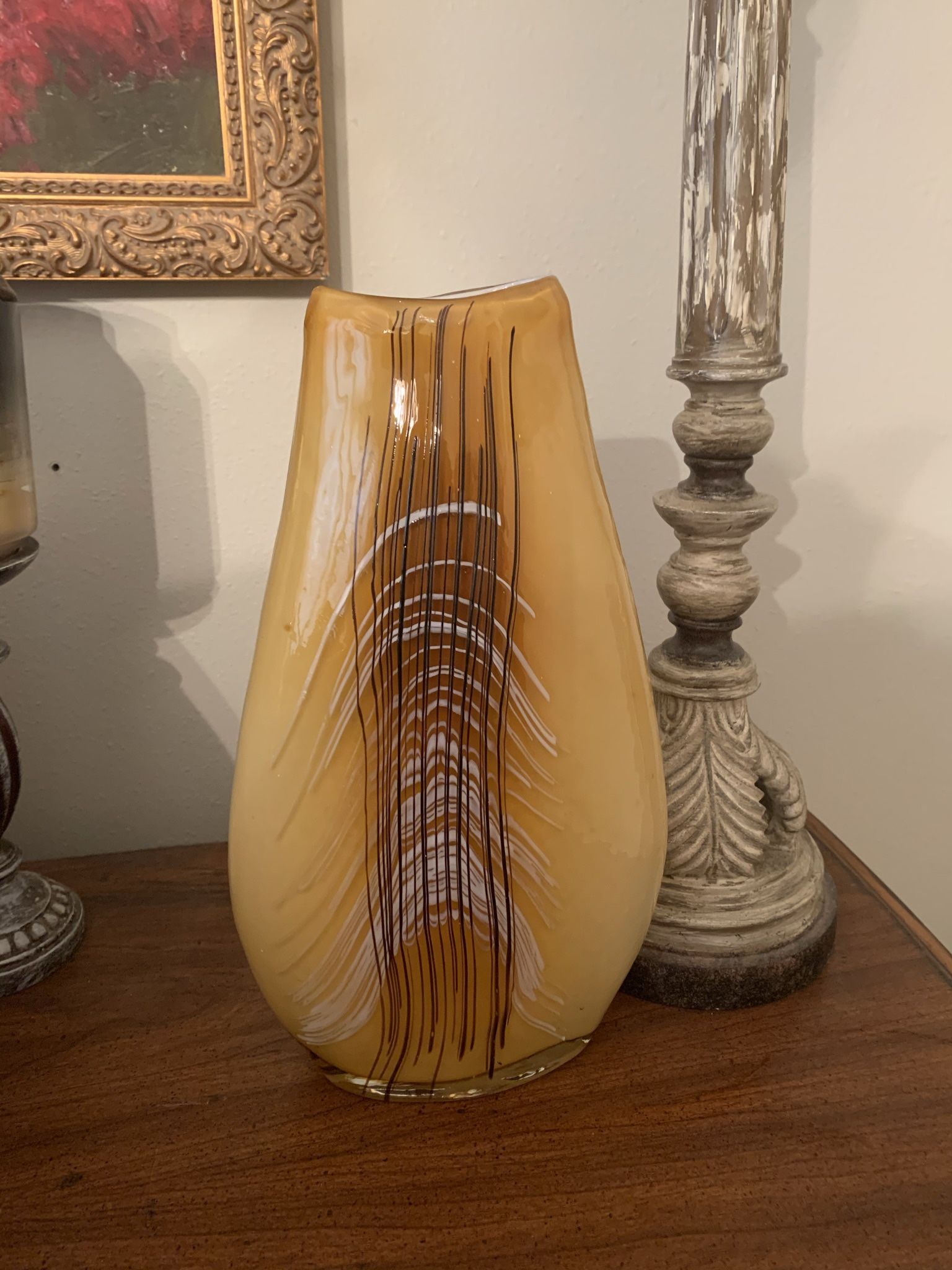 Yellow glass vase 13” tall by 7” wide